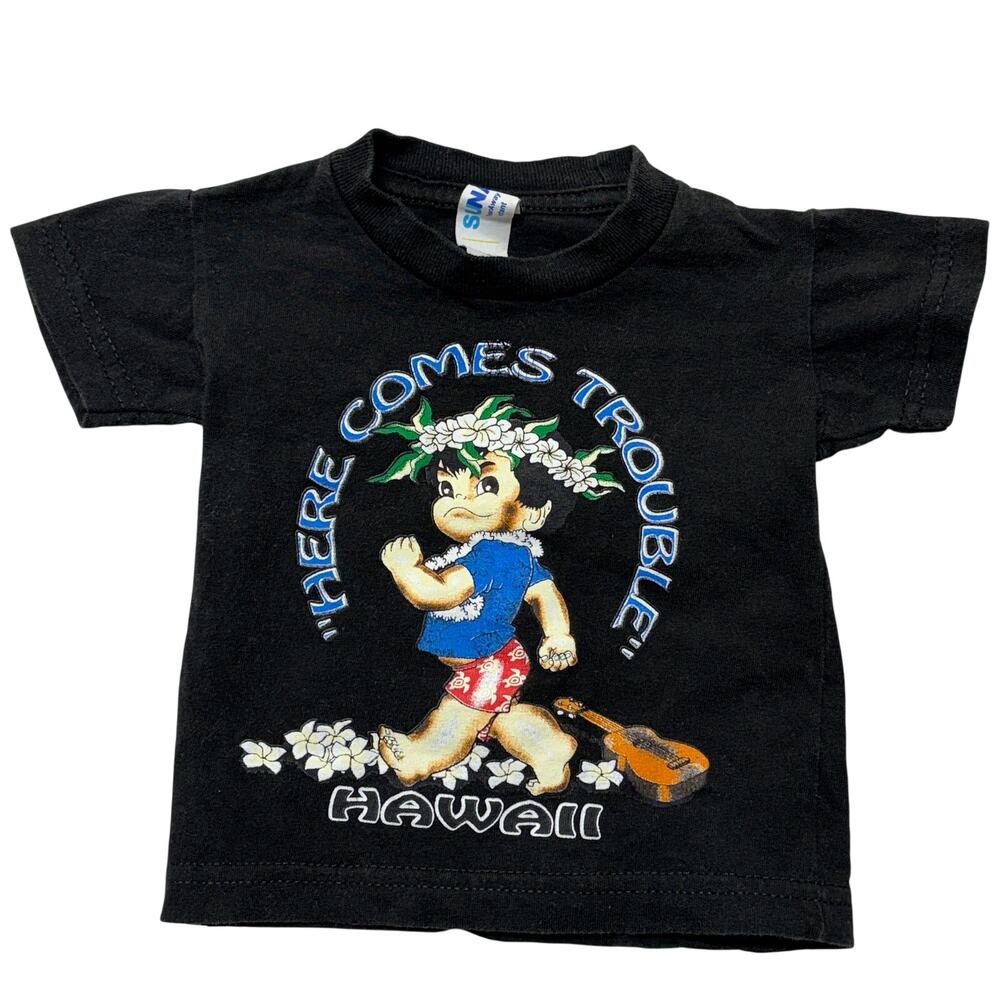 Vintage Here Comes Trouble T-Shirt Baby 6M Black Crewneck Short Sleeve Hawaii